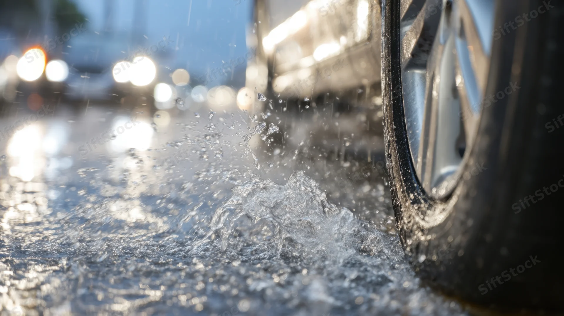 Close-up of a car tire splashing water on a wet road during evening traffic