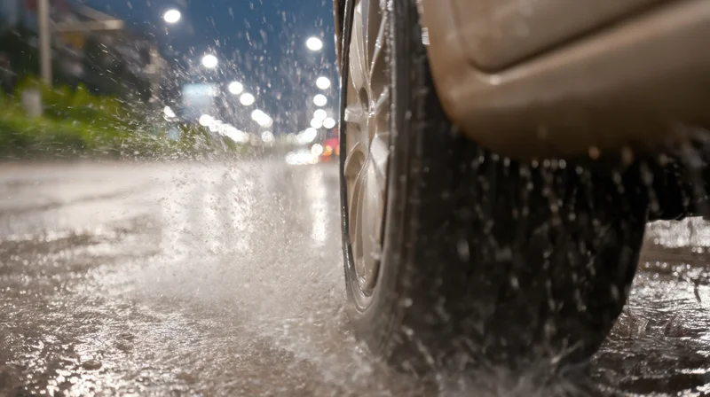 Close-up of a car tire splashing water on a wet road at night