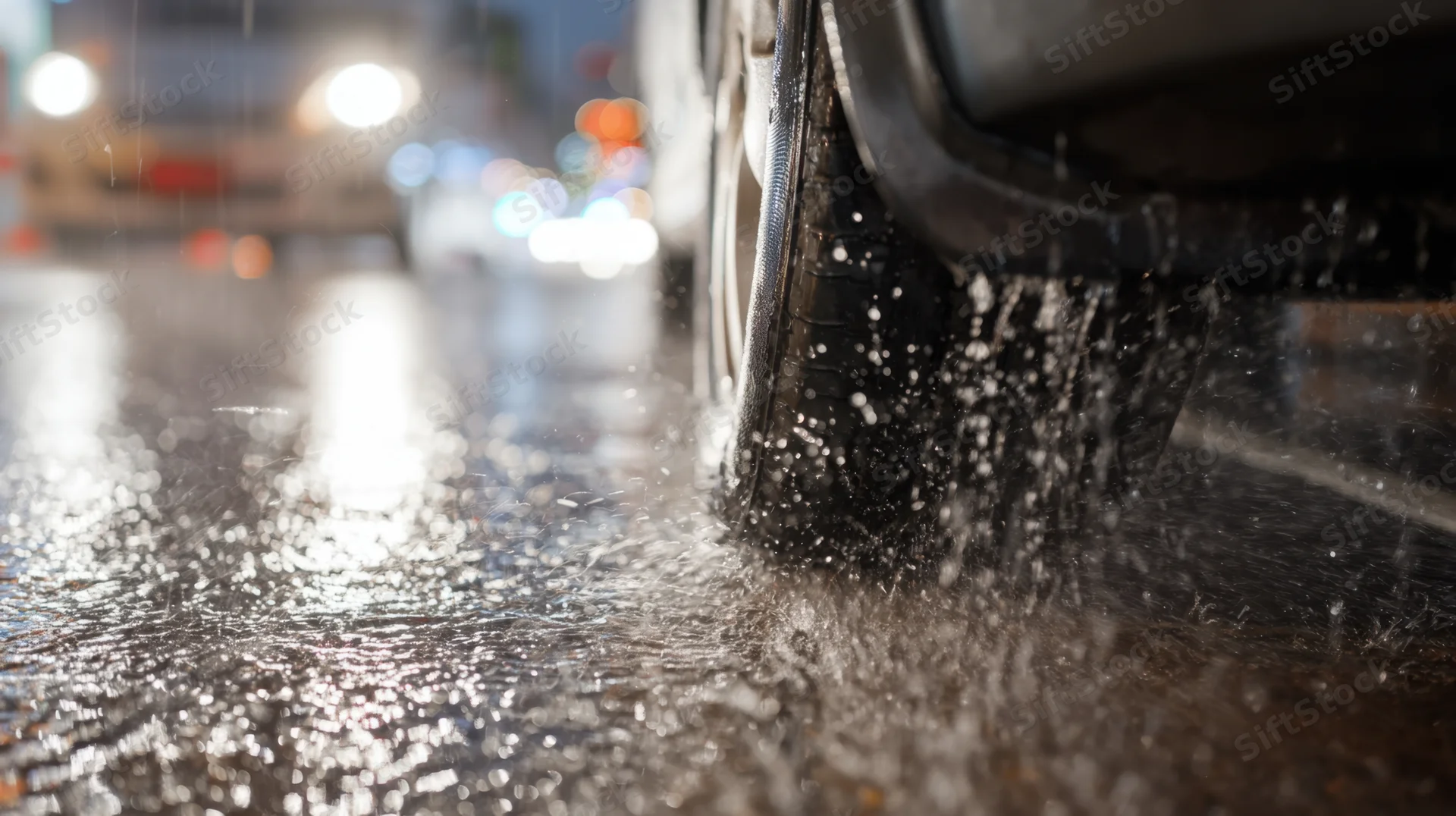 Close-up of a car tire splashing water on a wet city street at night