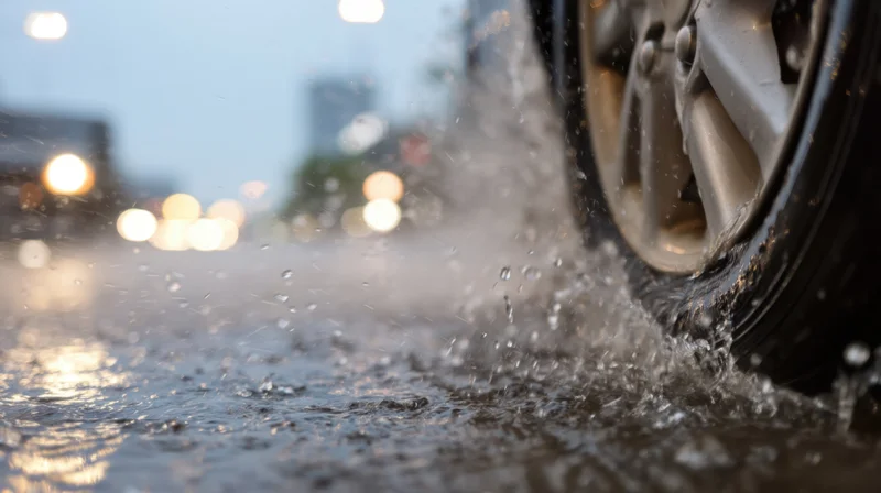 Car tire splashing water on wet pavement during evening drive in city traffic
