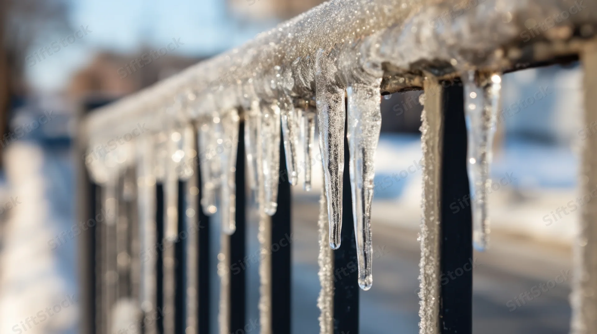 Icicles hanging from a frost-covered metal railing in a snowy outdoor setting