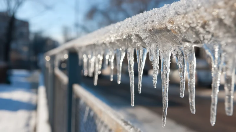 Icicles hanging from a frost-covered railing in a snowy outdoor setting