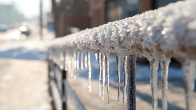 Icicles hanging from a frost-covered metal railing on a snowy urban street in winter sunlight