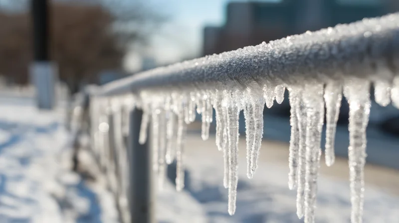 Icicles hanging from a frost-covered metal railing in a snowy urban park