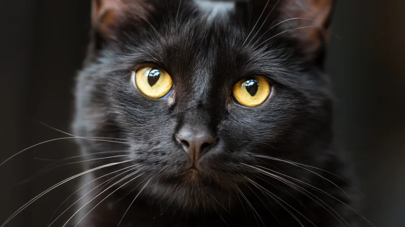 Close-up of a black cat with yellow eyes looking directly at the camera