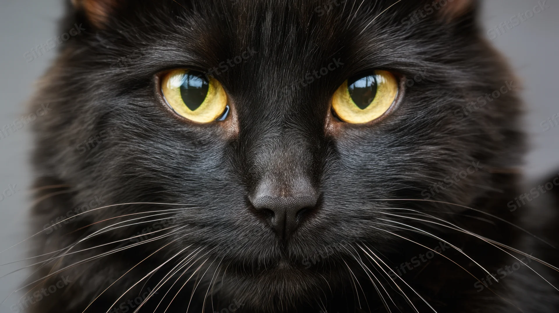 Close-up of a black cat with yellow eyes staring directly at the camera against a gray background