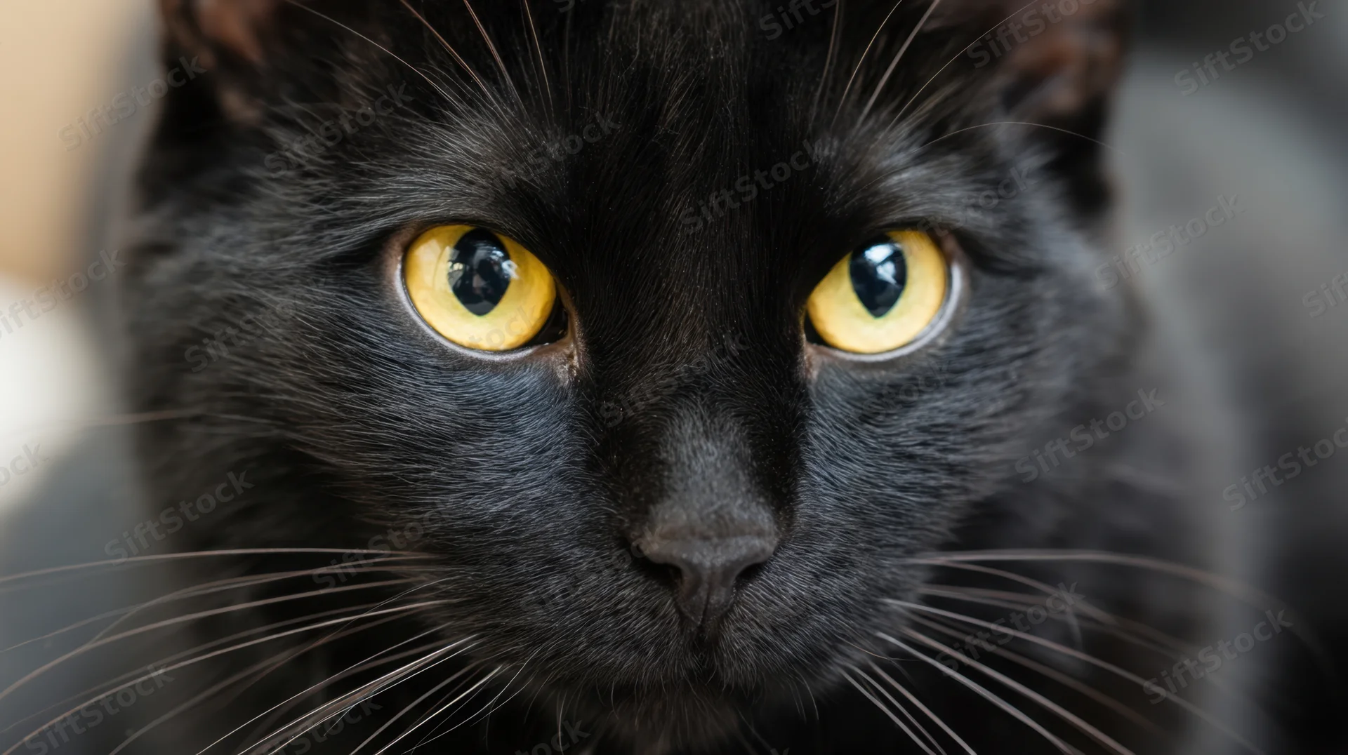 Close-up of a black cat with yellow eyes looking directly at the camera