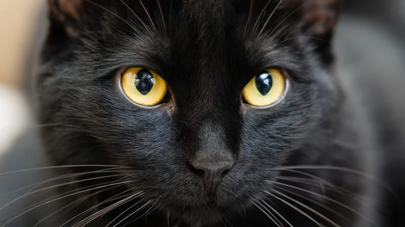 Close-up of a black cat with yellow eyes looking directly at the camera
