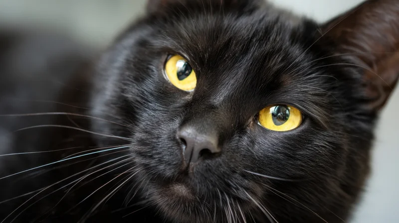 Close-up of a black cat with yellow eyes looking directly at the camera indoors