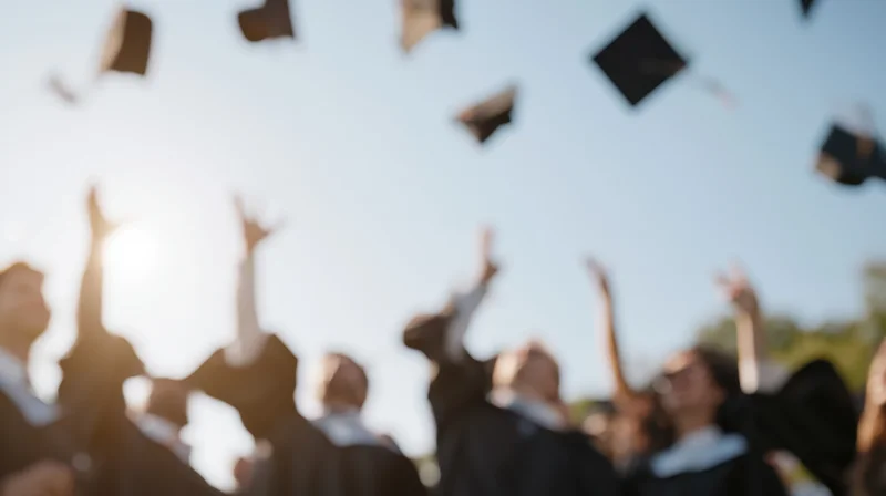 Graduates throwing caps in the air during outdoor graduation ceremony