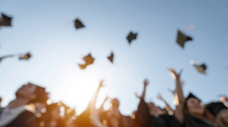 Graduates throwing caps into the sky during outdoor ceremony