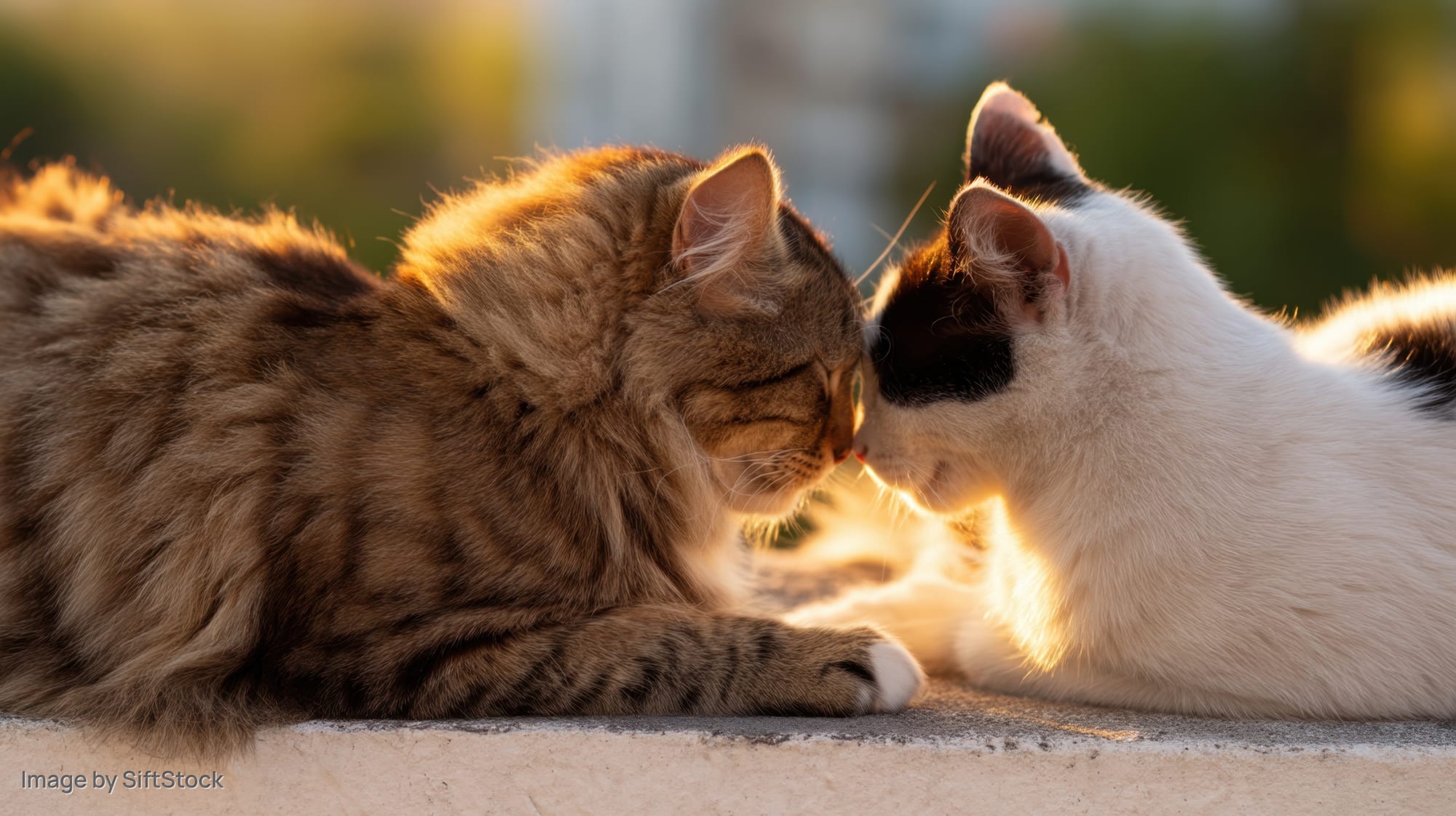 Two cats rubbing noses in golden sunlight on a balcony