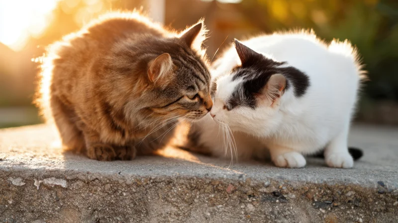 Two cats rubbing noses on a concrete ledge in golden sunlight