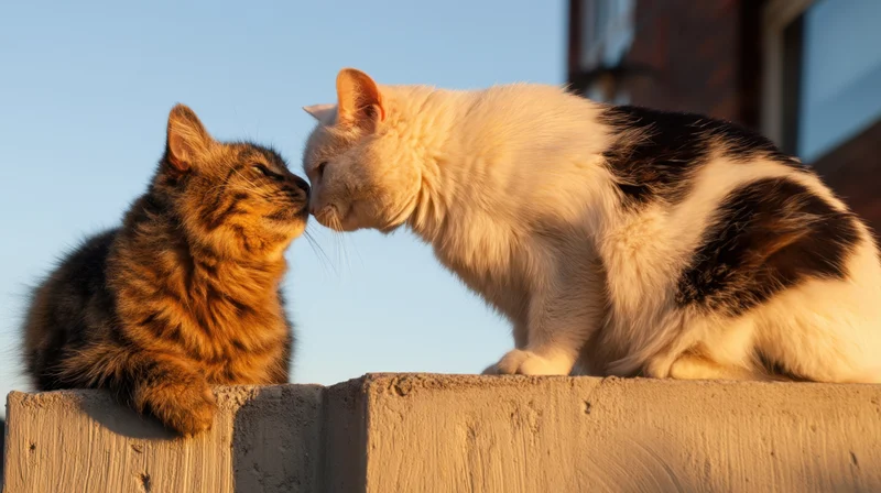 Two cats rubbing noses on a rooftop wall at sunset
