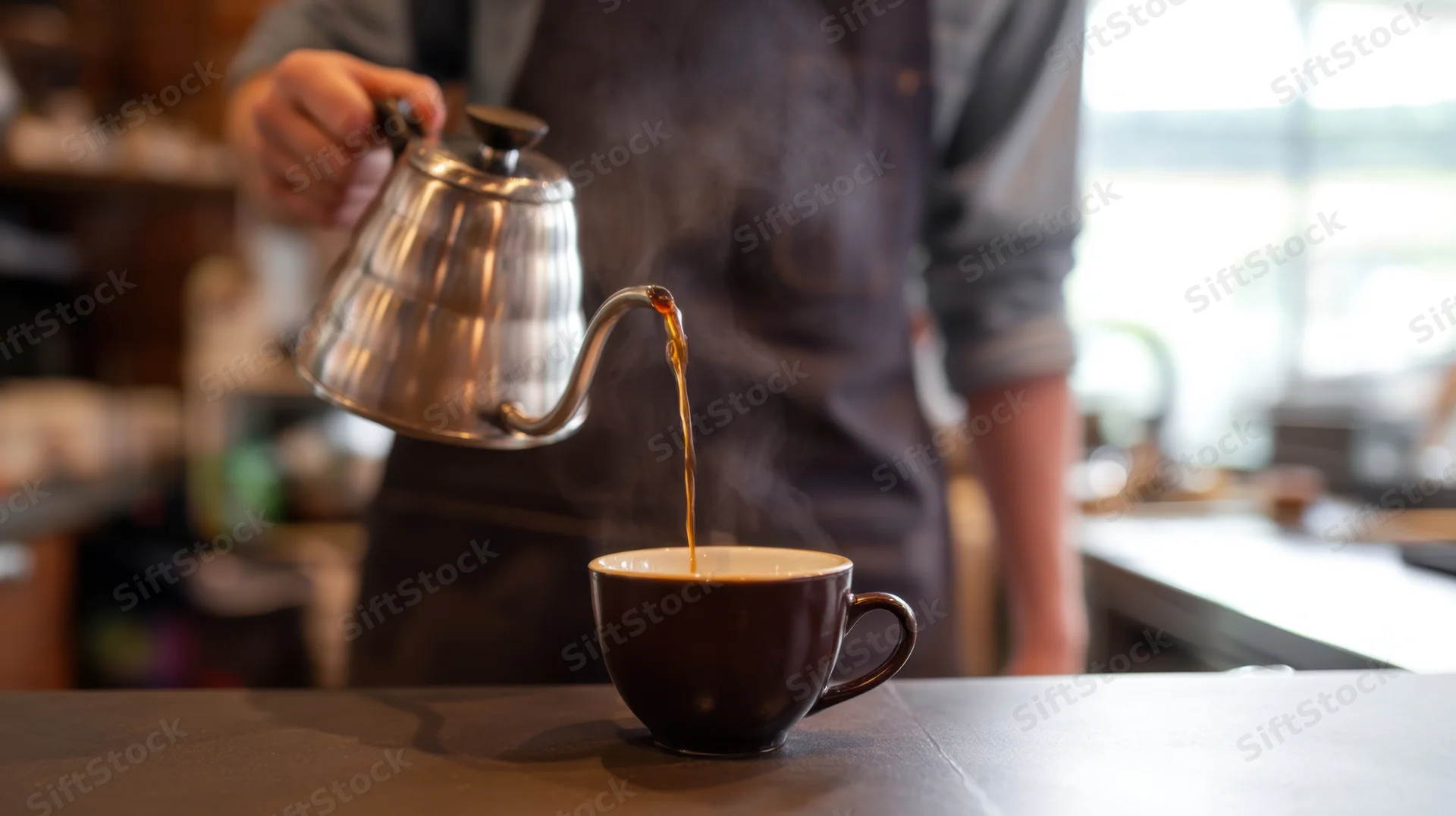 Barista pouring hot coffee from a gooseneck kettle into a ceramic cup on a cafe counter