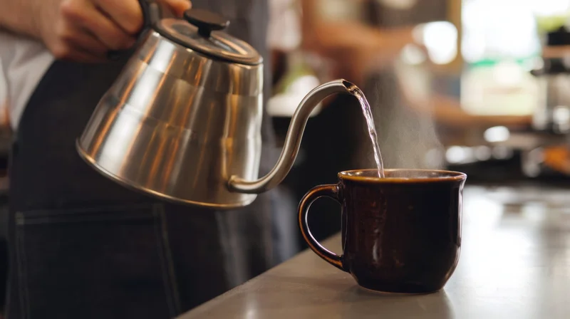 Barista pouring hot water from a gooseneck kettle into a ceramic mug on a cafe countertop