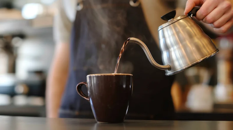Barista pouring hot coffee from a gooseneck kettle into a ceramic mug on a cafe countertop