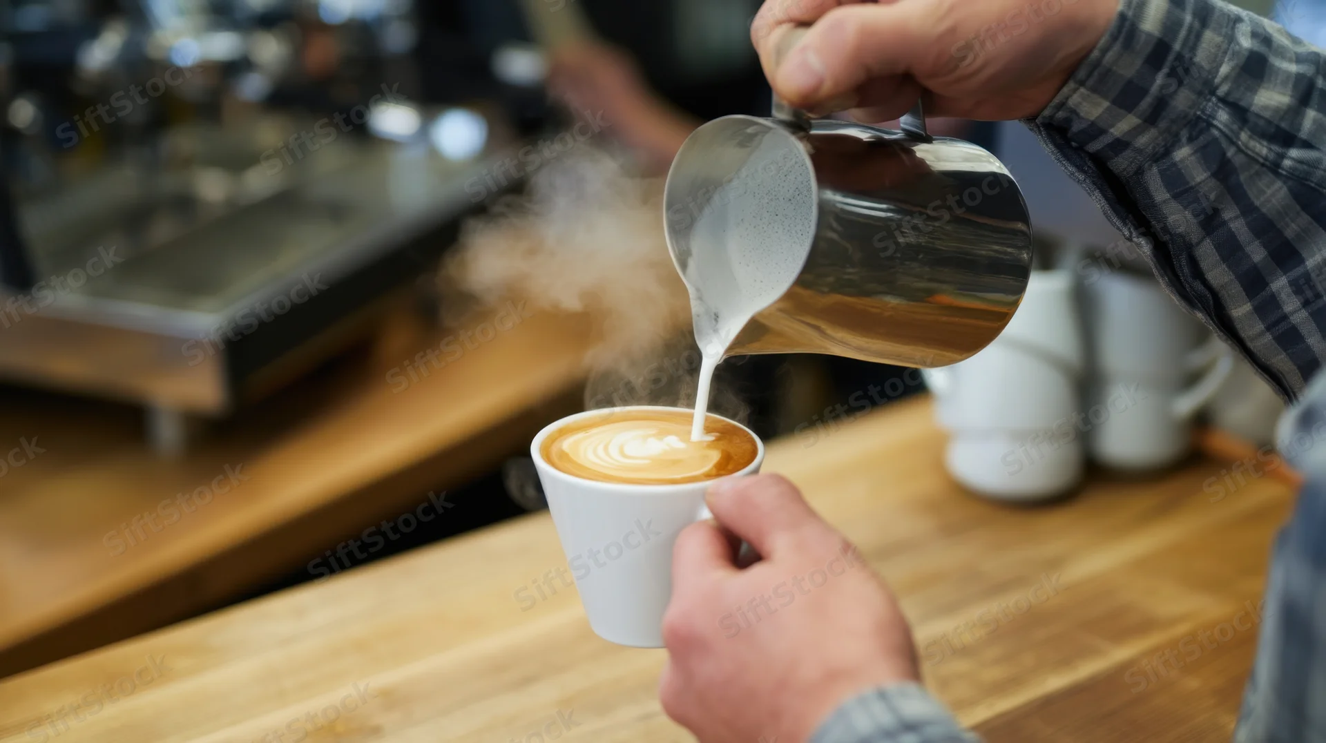 Barista pouring steamed milk into a latte cup on a wooden counter in a cafe