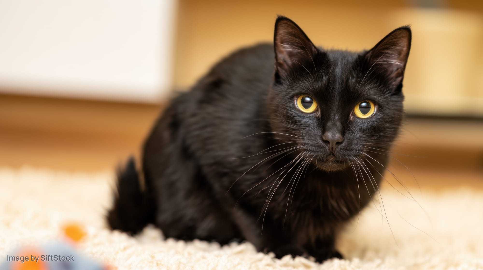 Black domestic shorthair cat sitting alert on beige carpet indoors