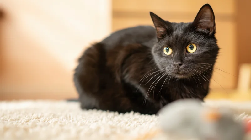 Black domestic shorthair cat resting on carpet indoors