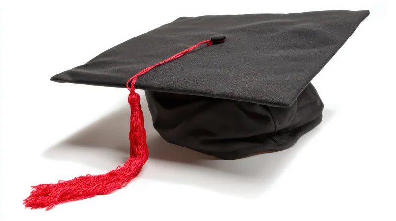 Black graduation cap with red tassel on white background