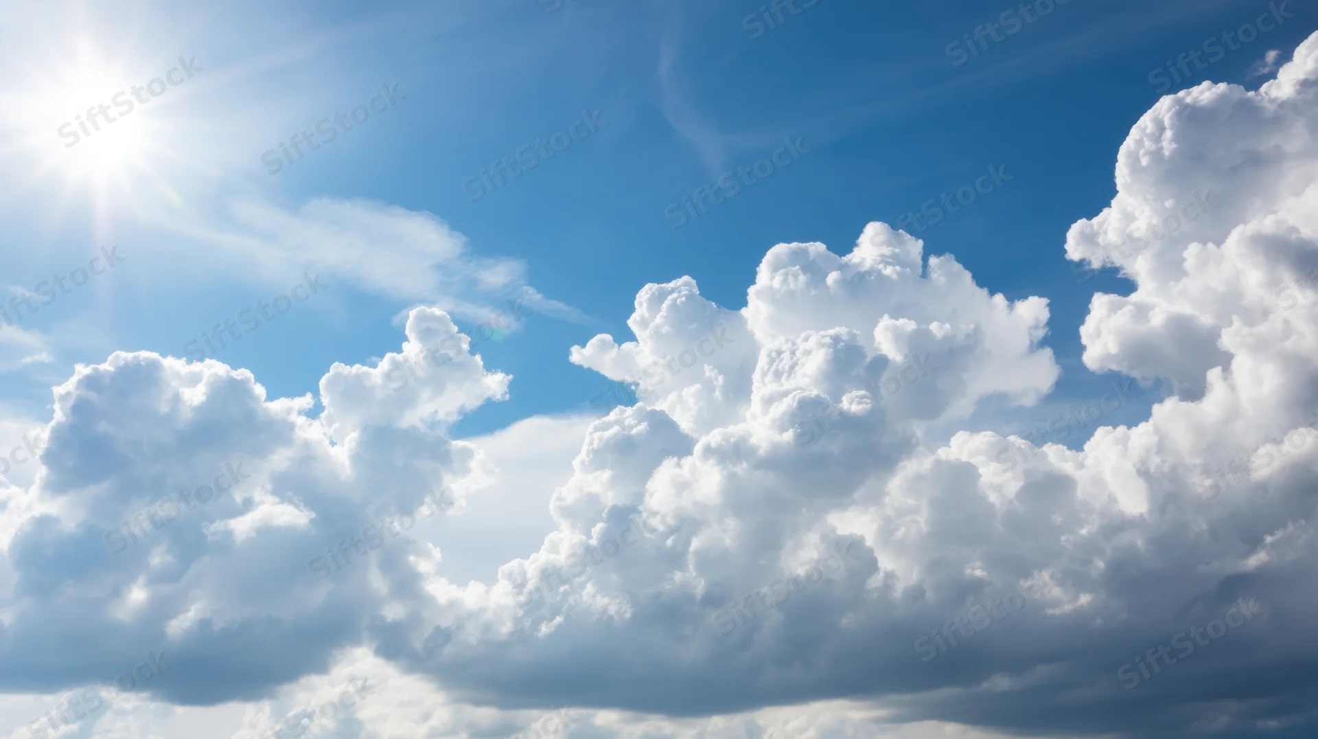 Bright blue sky with fluffy white clouds and shining sun above the horizon
