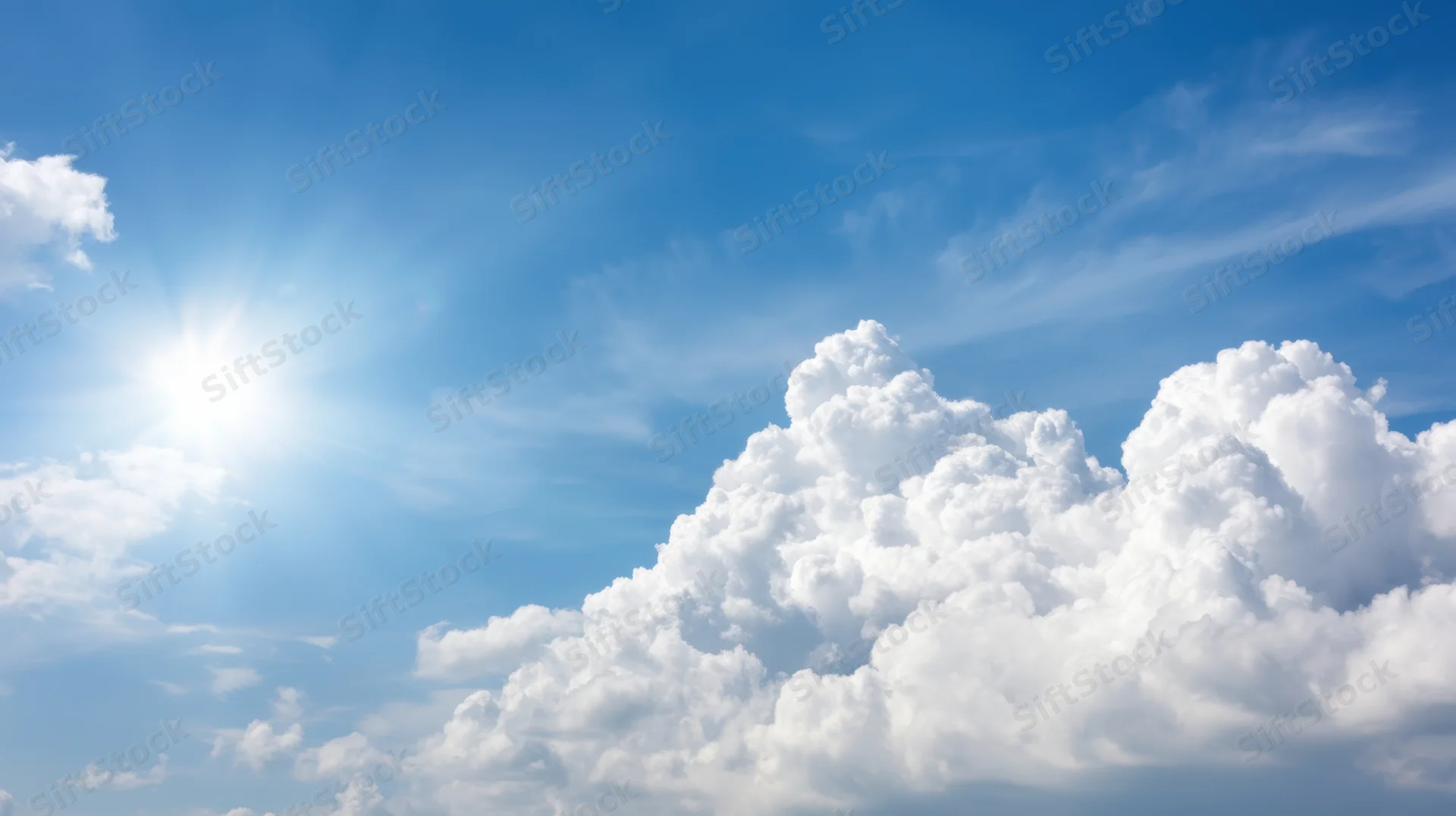 Bright sun shining in a clear blue sky with large white cumulus clouds