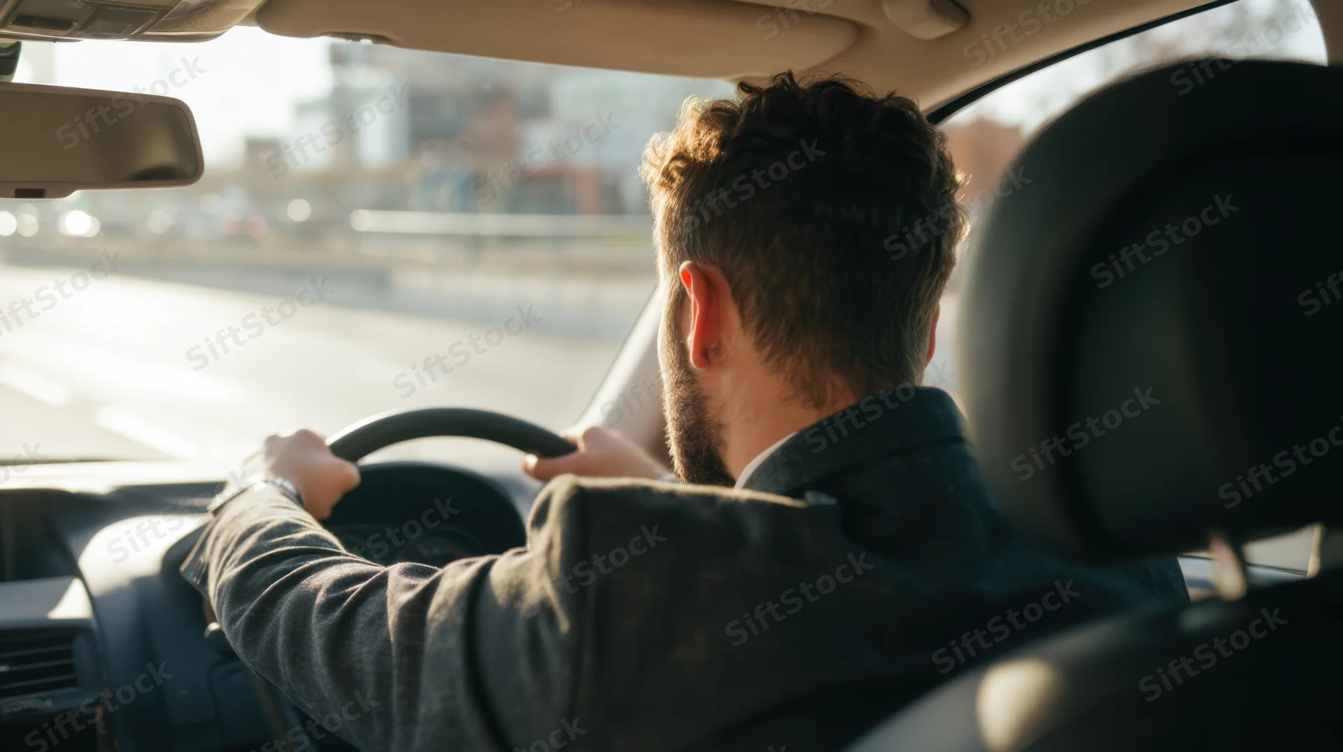 Man in suit driving car on city highway, viewed from back seat