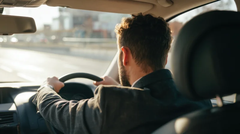 Man in suit driving car on city highway, viewed from back seat