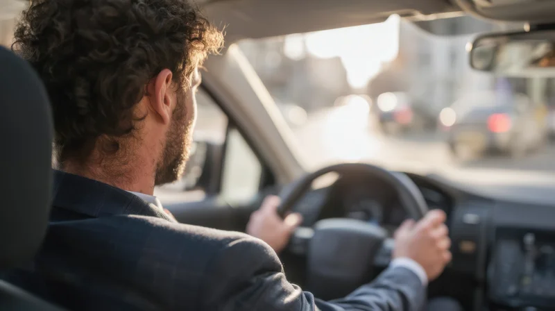 Man in suit driving car on city road during daytime commute