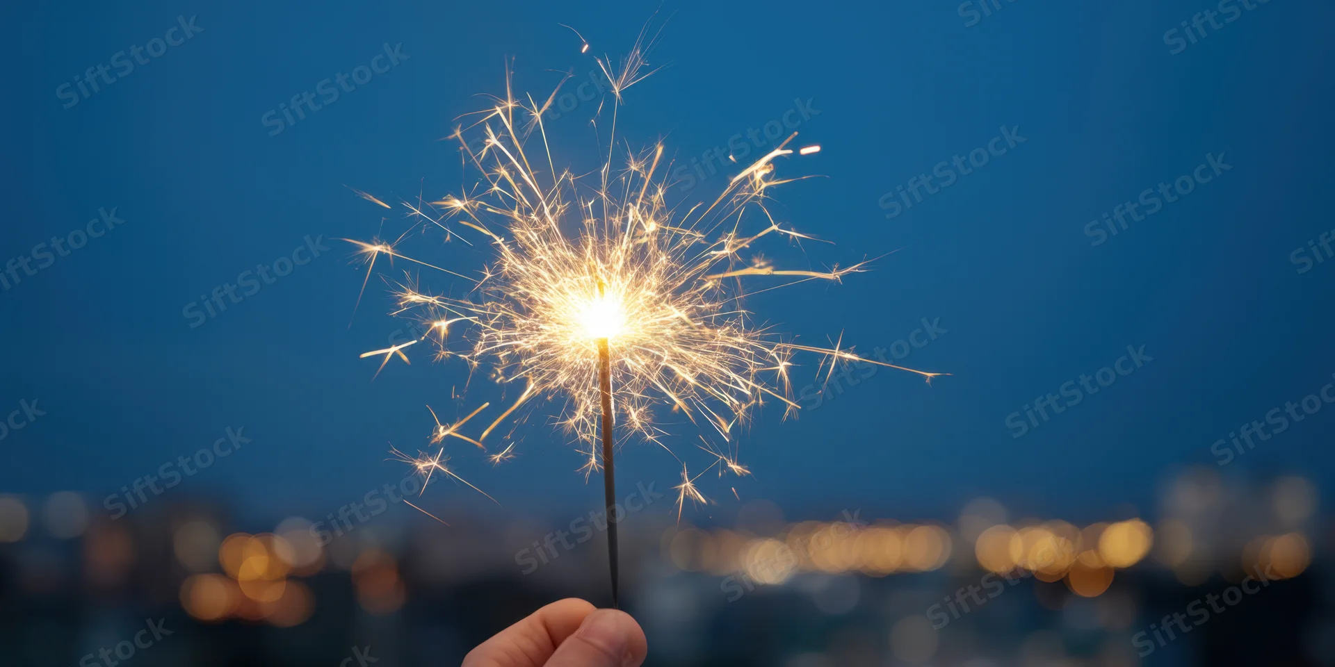 Hand holding lit sparkler against city lights at night