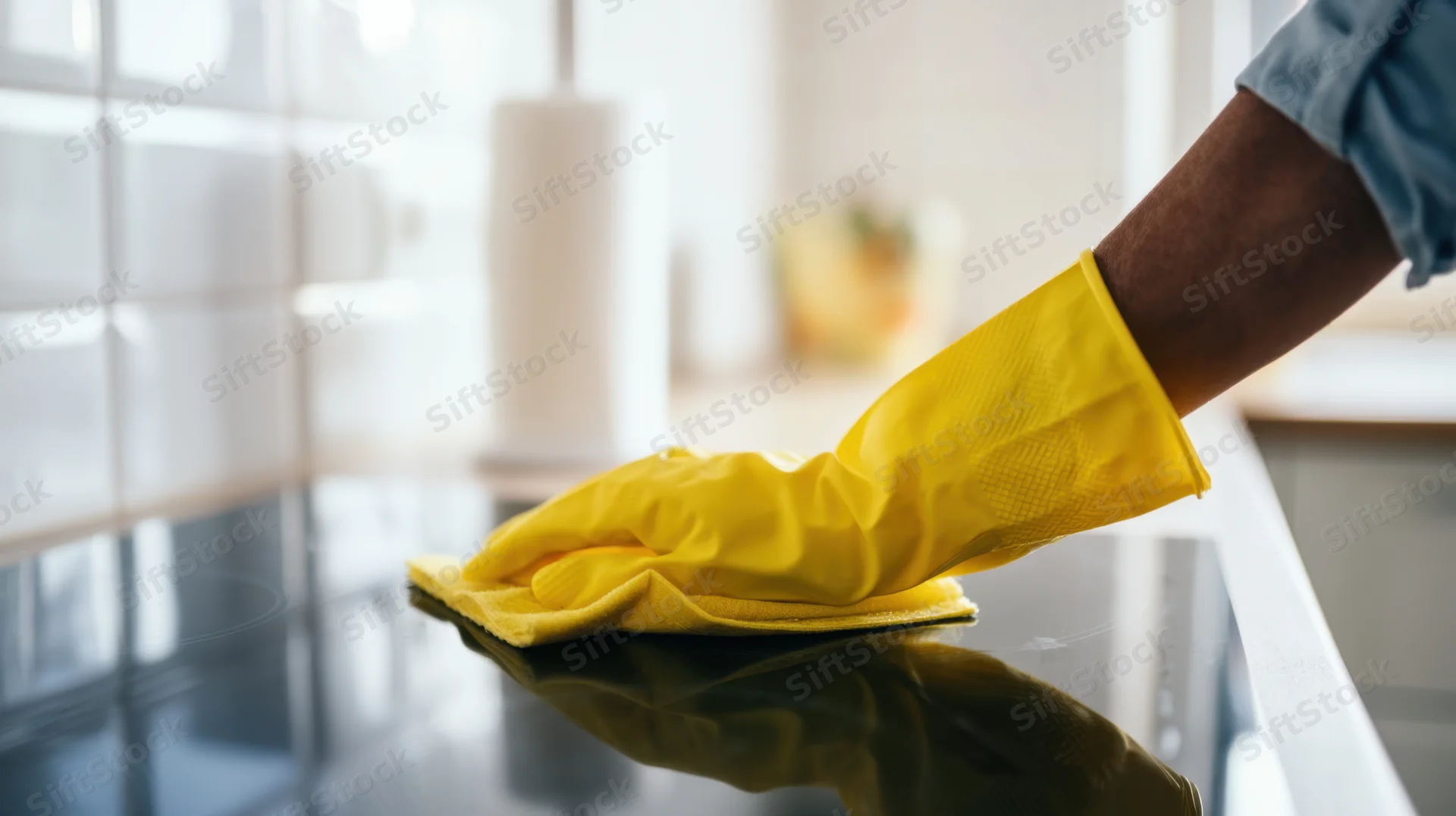 Hand in yellow rubber glove wiping glass kitchen countertop with cloth