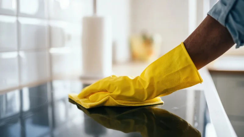 Hand in yellow rubber glove wiping glass kitchen countertop with cloth