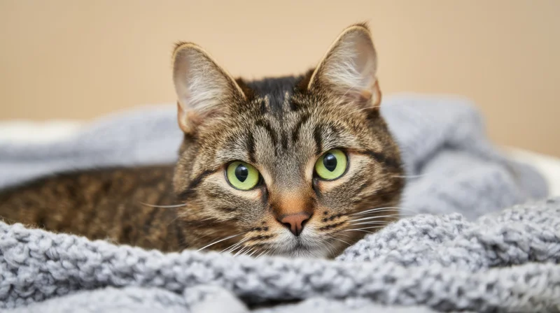 Tabby cat peeking from under a gray knitted blanket indoors