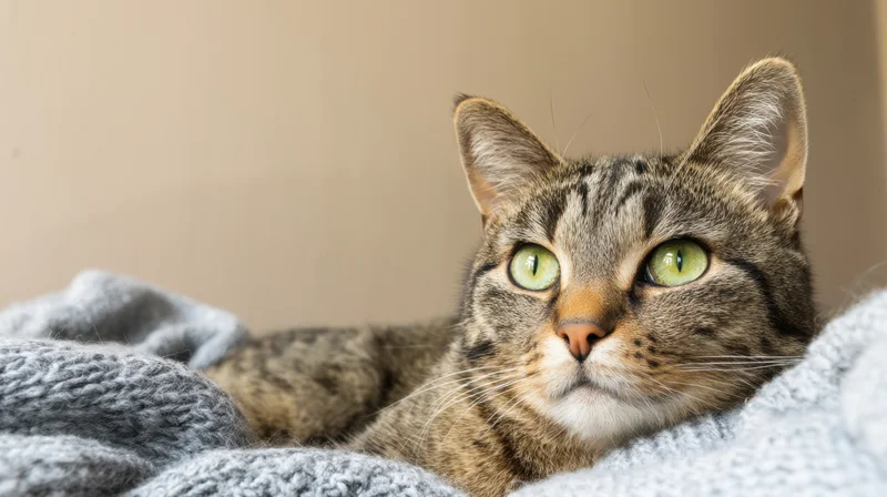 Tabby cat resting on a knitted blanket indoors