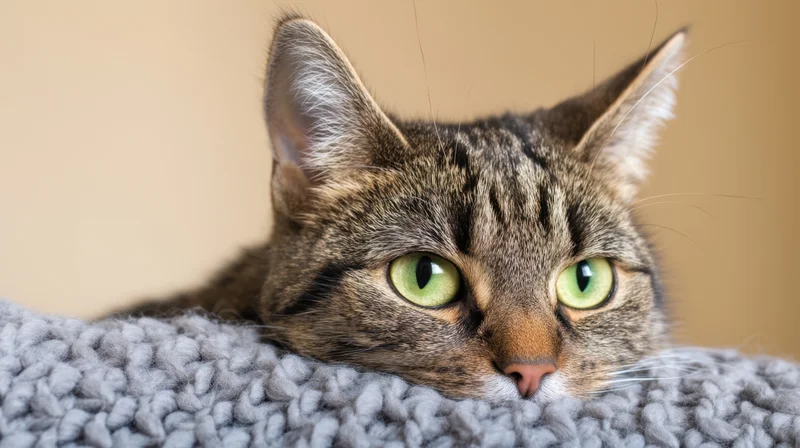 Tabby cat resting its head on a gray knitted blanket indoors