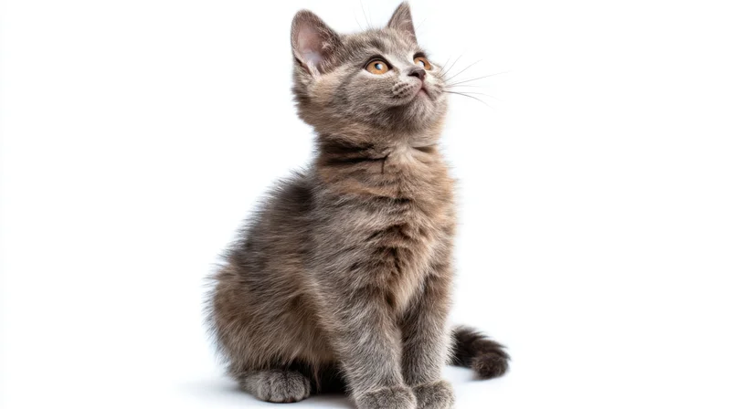 Gray kitten sitting and looking up against white background