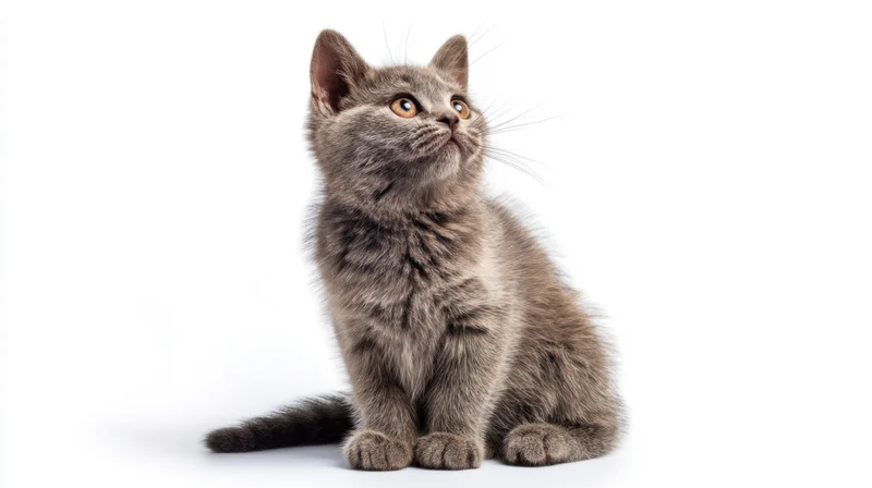 Gray kitten sitting and looking up against white background