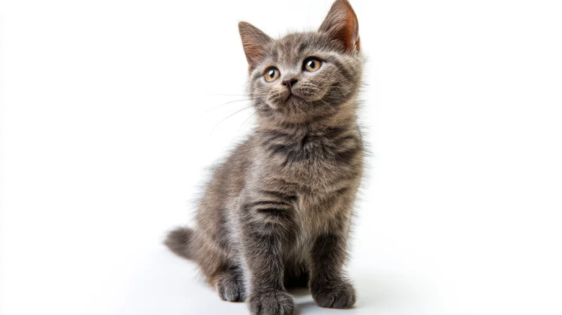 Gray kitten sitting and looking up in a studio setting with white background