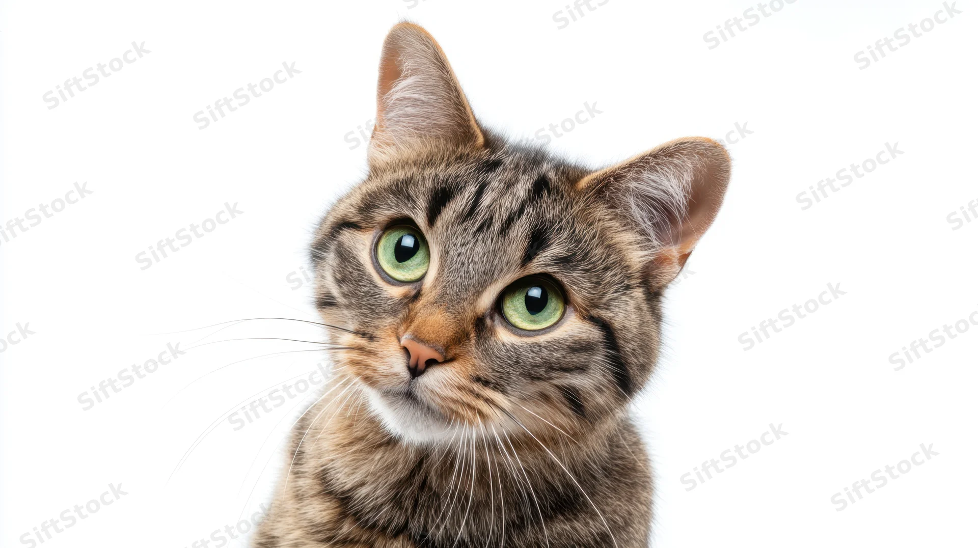 Tabby cat looking up with green eyes against white background