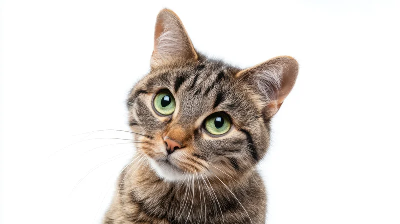 Tabby cat looking up with green eyes against white background