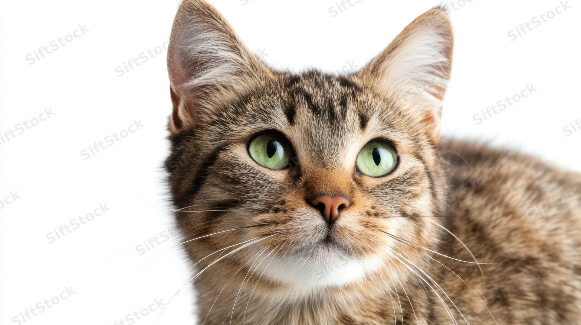Closeup of a curious tabby cat with green eyes looking forward against white background