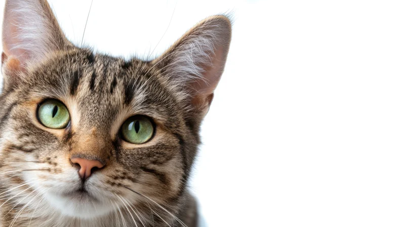 Closeup of a curious tabby cat with green eyes against a white background