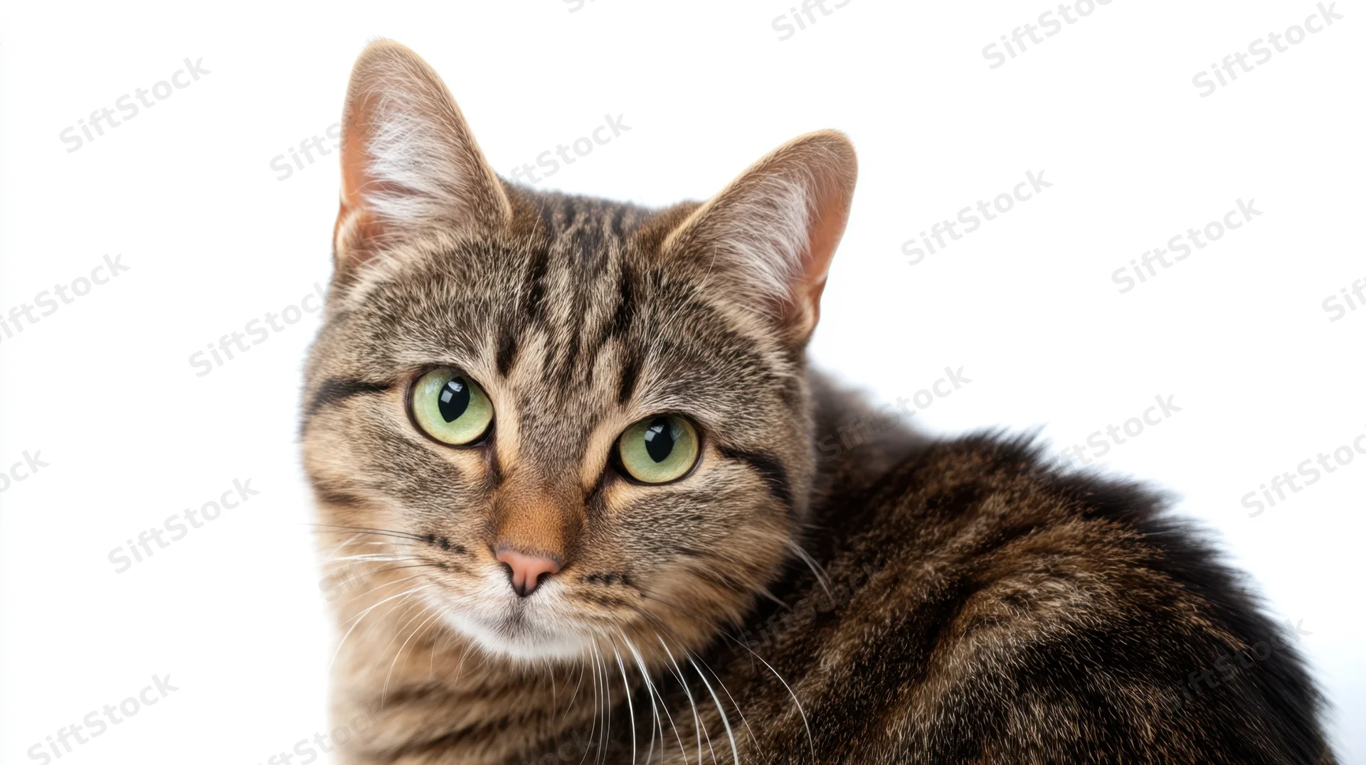 Tabby cat with green eyes looking alert in studio portrait against white background