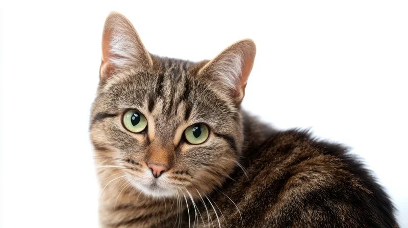 Tabby cat with green eyes looking alert in studio portrait against white background