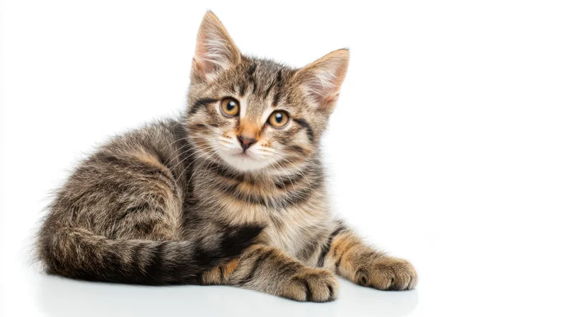 Tabby kitten lying on white background looking at camera