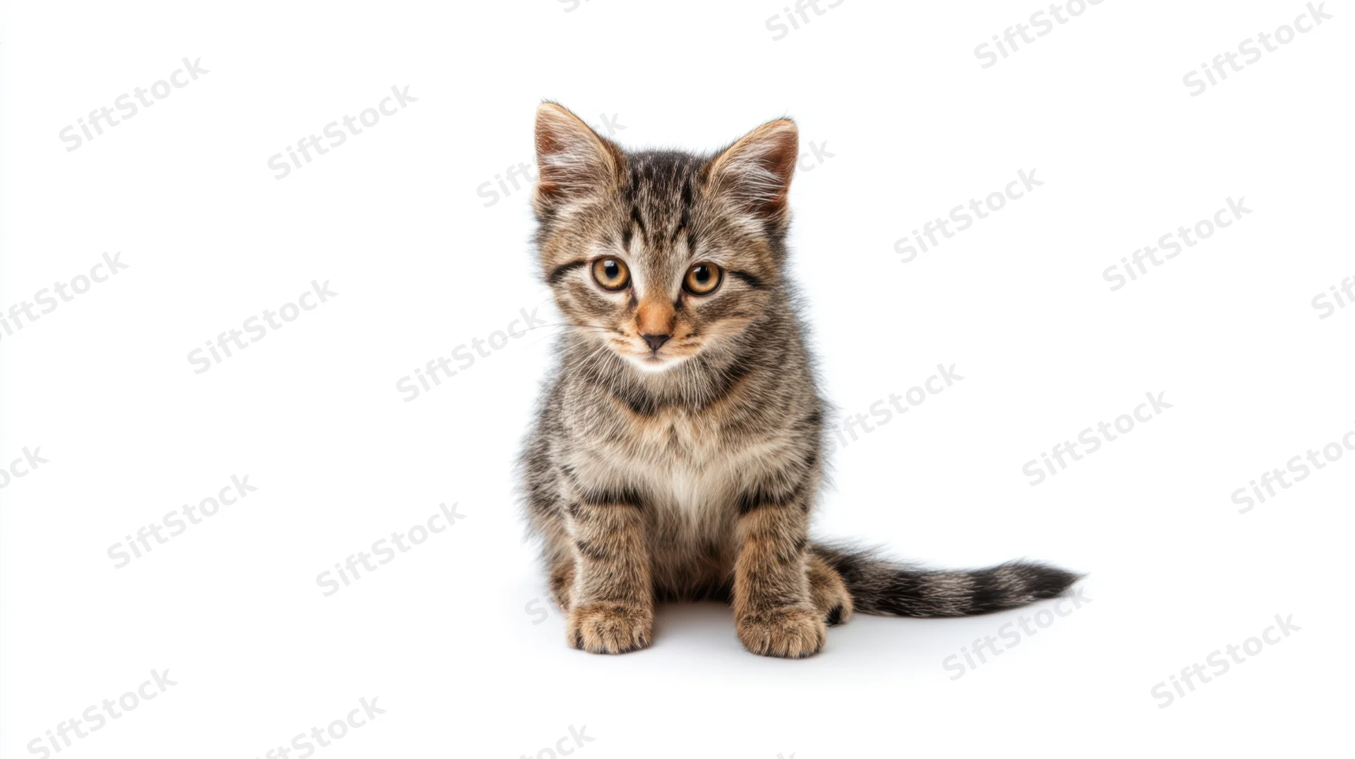 Tabby kitten sitting alertly on white background