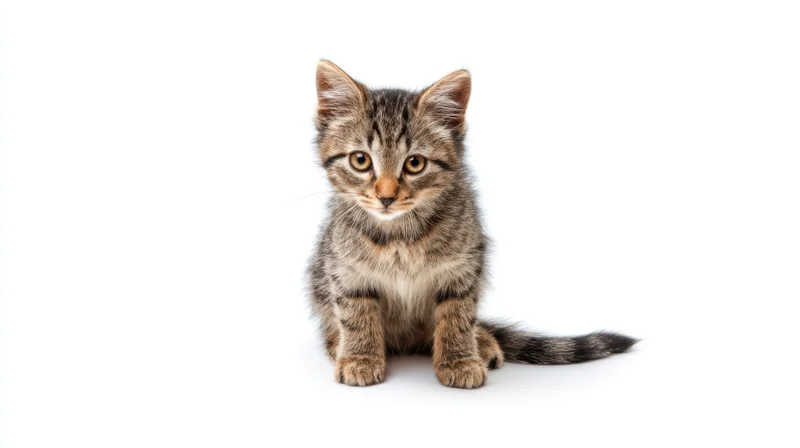 Tabby kitten sitting alertly on white background