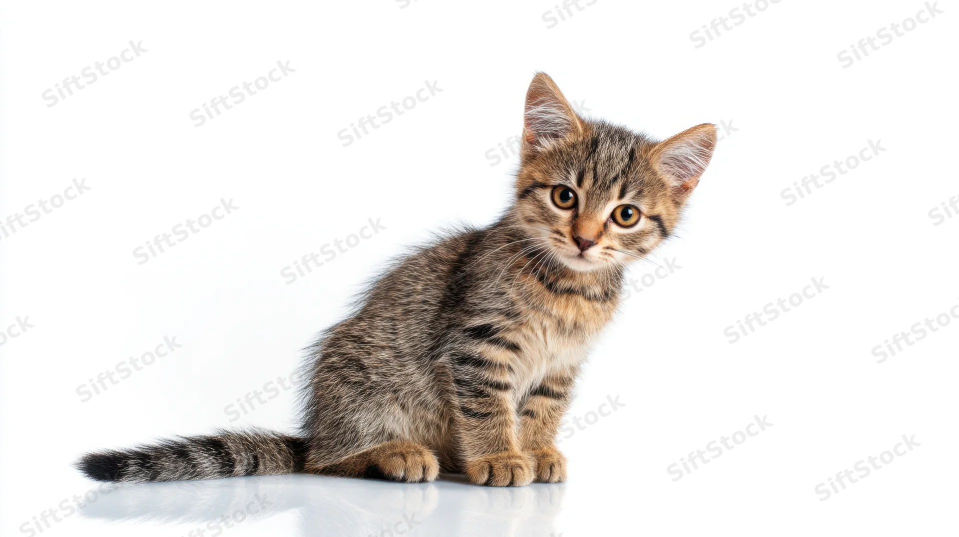 Tabby kitten sitting on a reflective white surface
