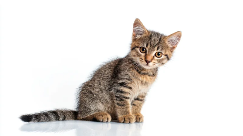 Tabby kitten sitting on a reflective white surface